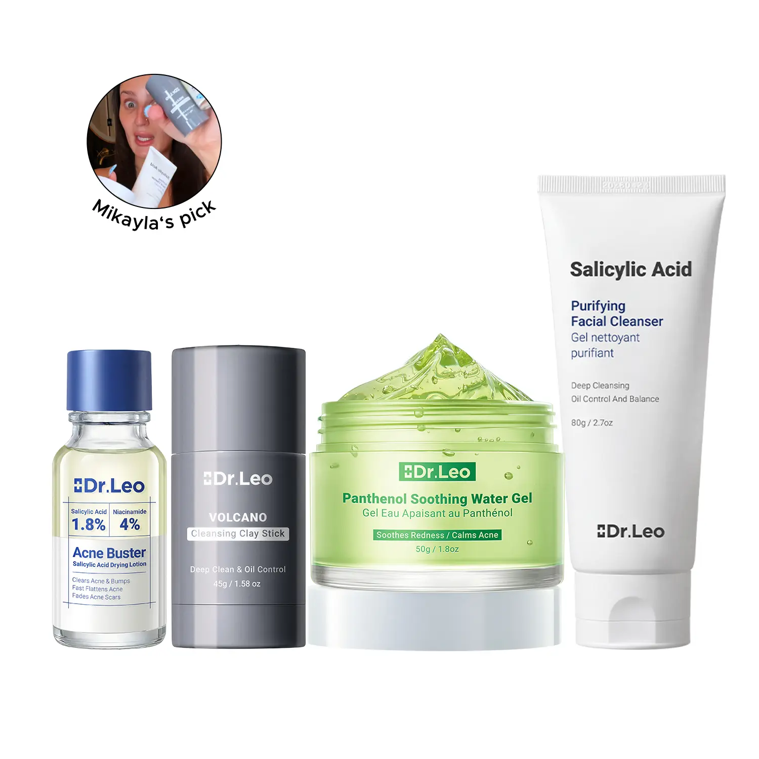 [Mikayla Picks] Dr.Leo 4-Step Acne Care Kit for Oily & Sensitive Skin - Barrier Repair Set with Salicylic Acid, Detox Charcoal Clay Stick, CICA Moisturizer & Spot Treatment, Hyaluronic Acid, Lightweight, Daily, Redness, Facial, Gentle