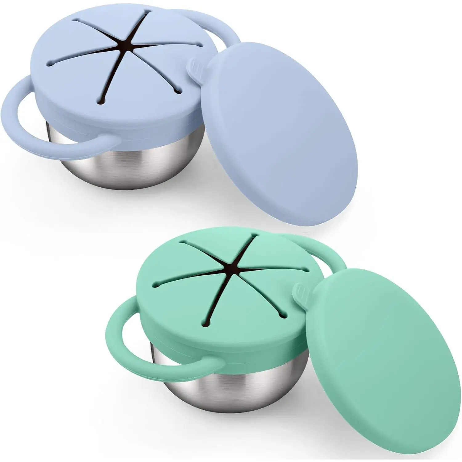 2 Pack Stainless Steel Toddler Snack Cups - 9 OZ Spill-Proof Baby Snack Containers with Silicone Catcher and Lid Travel Snack Containers  Kids Food Grade Silicone Dishwasher Safe