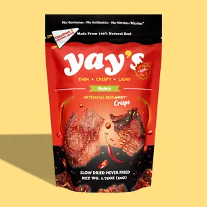Yay's Spicy Artisanal Beef Crisps - Thin Crispy Light Snack with 24g Protein per Bag - No Hormones No Antibiotics No Nitrates - Slow-Dried for 24 Hours