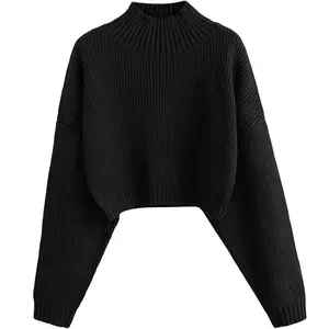 Women's Cropped Turtleneck Sweater Lantern Sleeve Ribbed Knit Pullover Sweater Jumper
