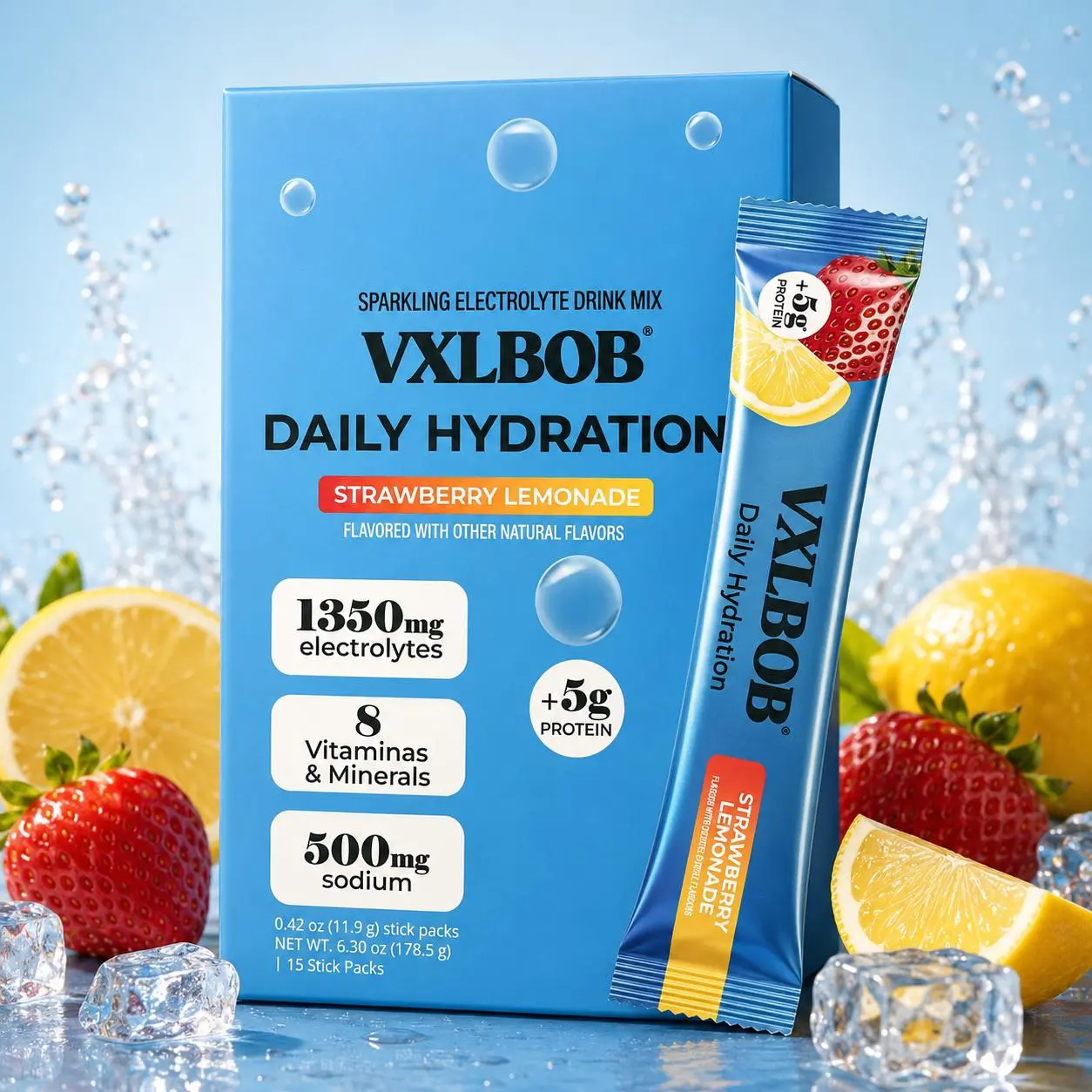 VXLBOB New product Daily Use Hydrating Bubble Bar Powder (15 Sticks, 24 Months Shelf Life) - 1350mg Electrolytes, 5g Clear Whey Protein & Collagen, 8 Key Vitamins, Sugar Free Hydration Boost Beverage Mix