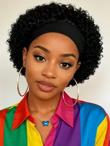 Short Curly Headband Wig Natural Human Hair Wig Curly Bob Wig Suitable for Women Daily Use, Stylish and Comfortable, Perfect for Everyday Wear, Kinky Curly Wigs