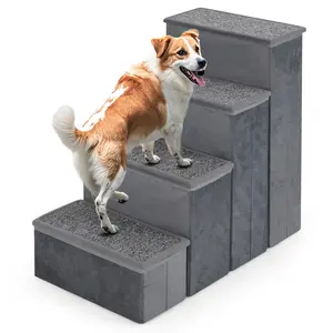 COSTWAY - 4-Step Dog Stairs Non-slip Foldable Dog Ramp with Adjustable Steps-Grey