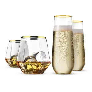 Angar Unbreakable Champagne Glasses 9oz and Vino Set 12pcs Bundle - Disposable Plastic Stemless Drinkware Reusable with Gold Rim