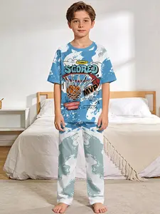 Basketball Boy's MVP Moment 2-Piece Boys' Digital Printed Short-Sleeve Pajamas with Extended Sleep Pants, a stylish, trendy, casual, comfortable and soft pajama set, suitable for boys' sleep and home leisure, a perfect gift for boys