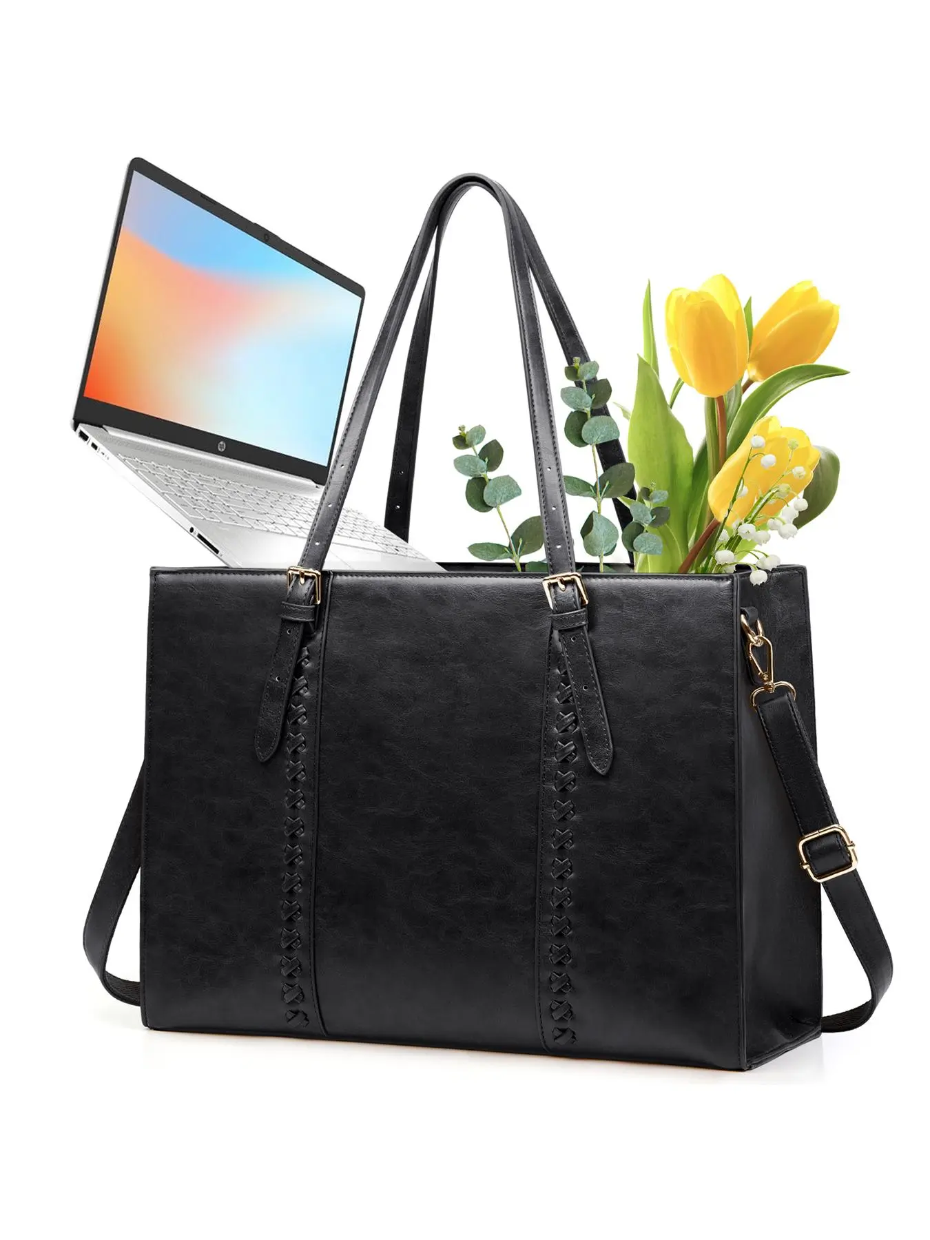 Women's Solid Color Zip Laptop Bag, Fashionable Pu Leather Waterproof Computer Bag, Professional Business Office Bag, Lightweight Shoulder Handbag, Laptop Work Bag
