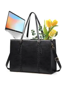 Women's Solid Color Zip Laptop Bag, Fashionable Pu Leather Waterproof Computer Bag, Professional Business Office Bag, Lightweight Shoulder Handbag, Laptop Work Bag