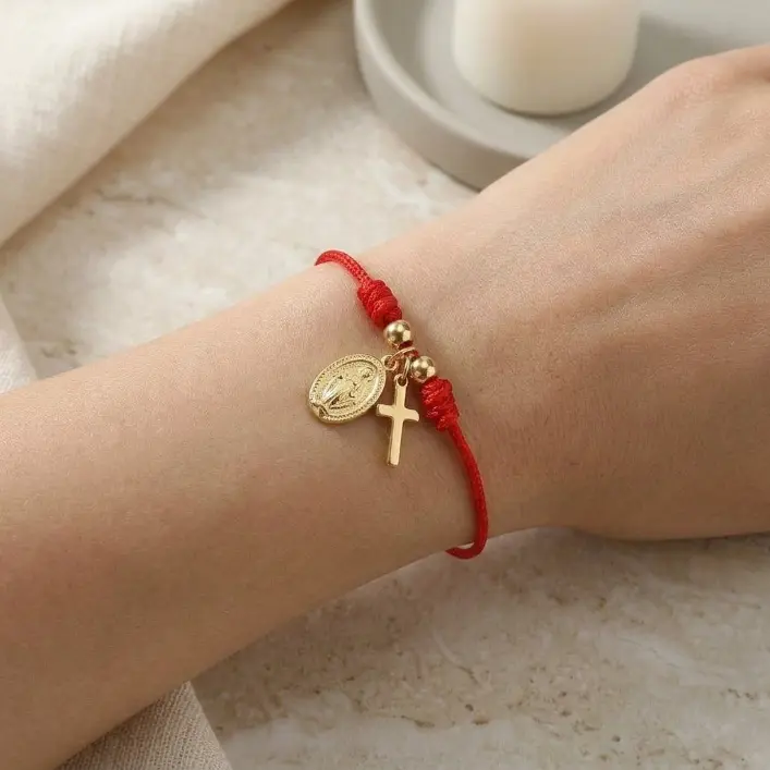 Women's Christian Cross Beaded Rope Bracelet - 1PCS Adjustable Red String Wrist Jewelry Faith-Based Jesus Motif Religious Gift For Baptism Easter Daily Wear