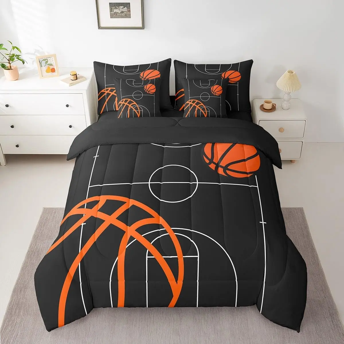 Feelyou 7-Pieces Basketball Court Theme Microfiber Bedding Set - Black Bed in a Bag with Sheet Set, Gaming Bedding for Sports Enthusiasts, Bed Sheet Set