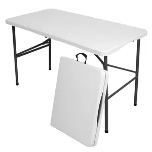 WGCTEK 4FT Folding Table Fold in Half Outdoor Indoor with Handle and Lock White Quick Assembly Height Adjustable Sturdy Stable Portable Easy Storage