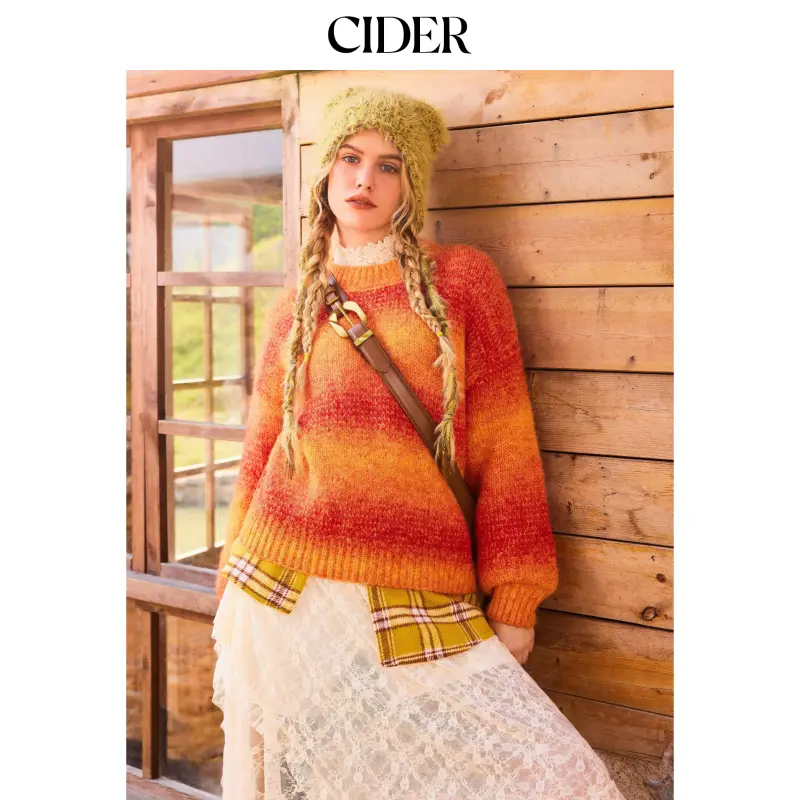 Cider Casual Stripe Sweater for Women, Ombre Wool-blend Long Sleeve Crew Neck Pullover Tops