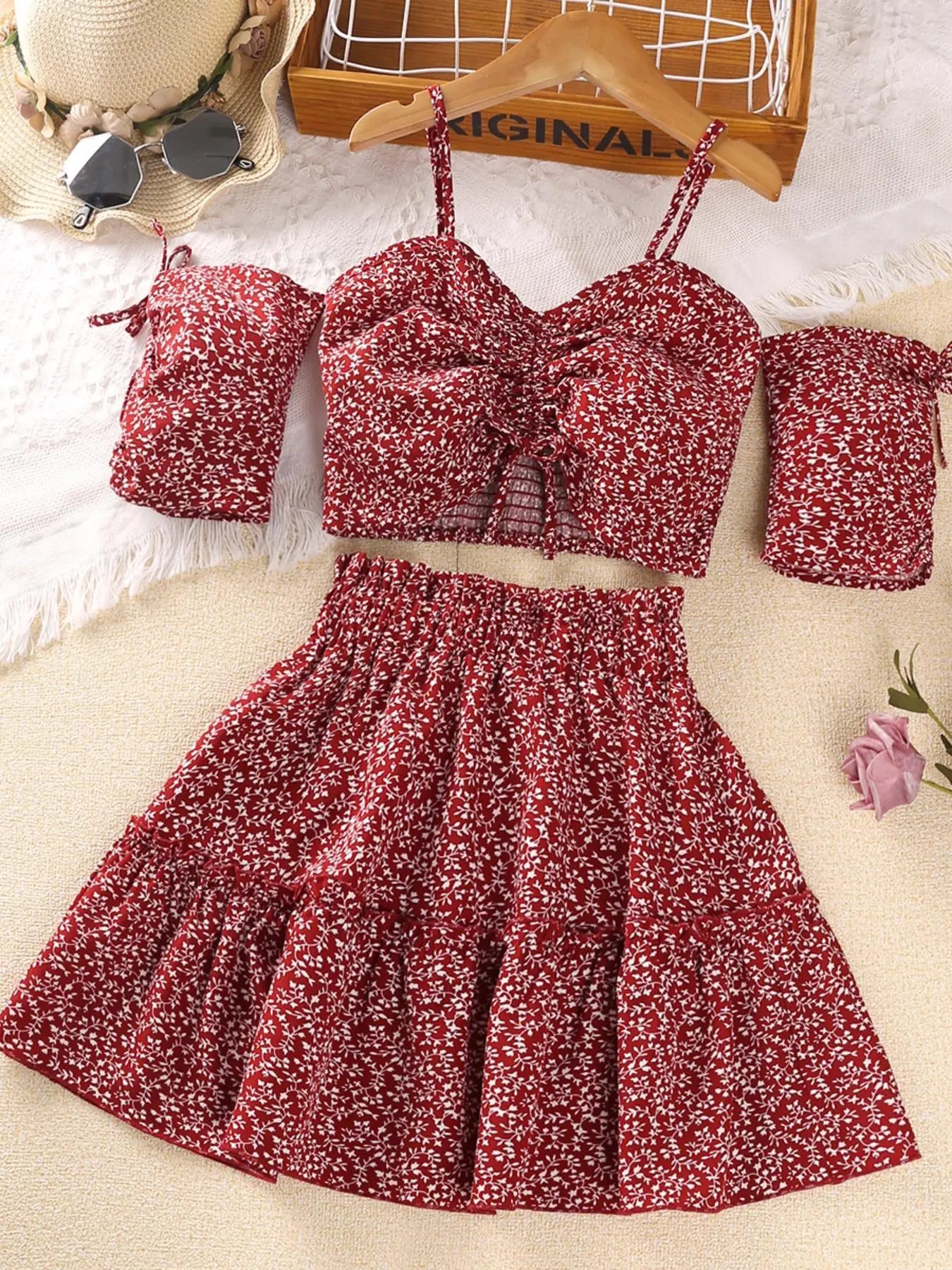 Two-piece Set Girl's Ditsy Floral Print Cold Shoulder Shirred Crop Top & Frill Trim Skirt Set, Casual Elegant Fashion Outfits for Daily Outdoor Wear,