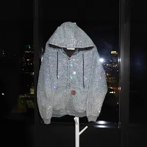26SS Viral Bling Hotfix Rhinestone Denim Hoodie Jacket, Heavy Duty Shattered Mirror Reflection Graphic Print Loose Oversized Street Hip Hop Zip Jean Coat For Men Women