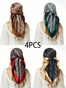 Set of 4 Geometric Print Scarves, Headscarves, Thin Woven Fabric, Casual Fitted Style, All Season Use, European and American Fashion Accessories