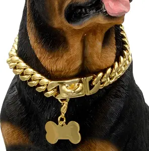 Gold Dog Chain Collar Walking Metal Chain Collar with Design Secure Buckle,18K Cuban Link Strong Heavy Duty Chew Proof for Medium Dogs(14MM, 18")