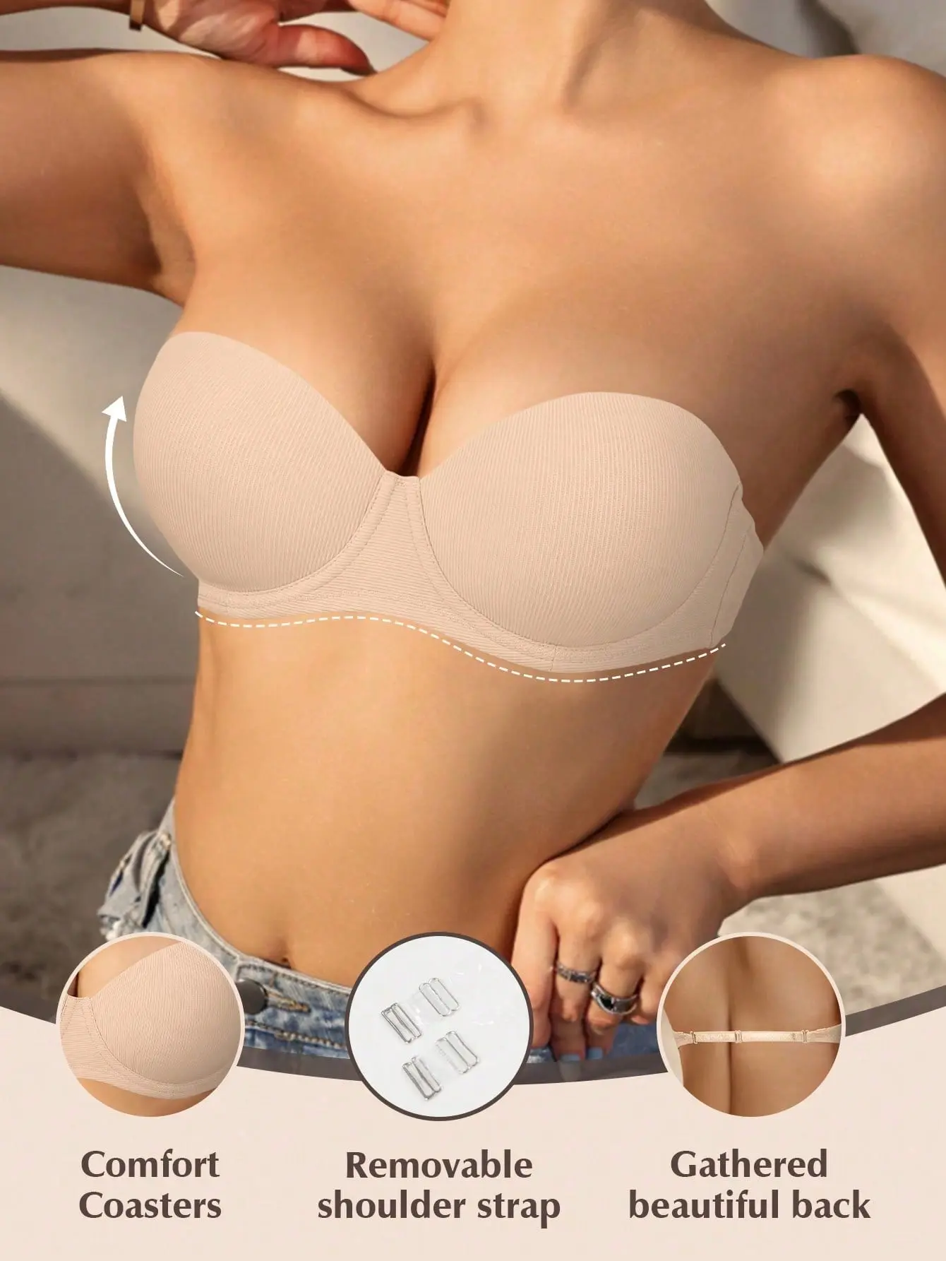 Ecomilky Lady's Seamless Strapless Tube Bra - Full Cup, Underwire Push Up, Supportive, Comfortable, Soft T-Shirt Bra with Detachable Side Wings for Everyday Summer Wear, Top Gift Option, Supportive Bra, Seamless Strapless Bra, Style, Women