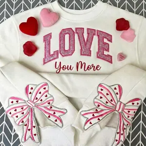 Love You More Side Bow Embroidered Sweatshirt, Valentine Side Bow, Valentine Gifts, Side Bow Shirt, Split Hem Valentine Shirt, Love You More