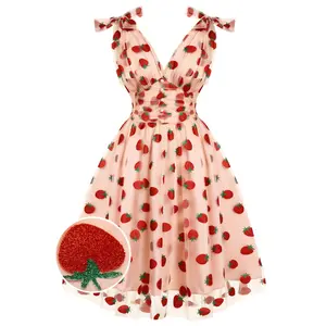 RETRO STAGE Women's Cute 1950s A-Line Pink Strawberry Mesh Swing Dress - Formal & Casual Wear, Back Zipper Design