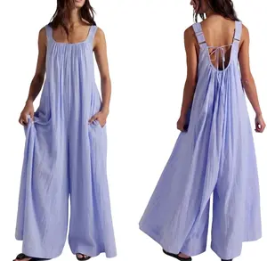 Chicovar Women's Loose Wide Leg Jumpsuit, Sleeveless Backless Romper with Pockets, Adjustable Straps, Back Tie, Loose Fit, Casual Vacation Music Festivals Boho Travel Outfit Overalls Overalls