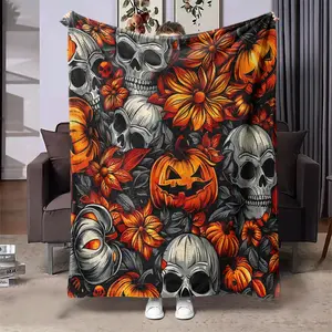 Skull & Pumpkin Pattern Blanket, 1 Count Soft Warm Nap Throw Blanket, Air-conditioned Room Blanket for Home Office Travel Camping Dormitory, Christmas Gifts, Christmas Decorations, Floral Print Blanket