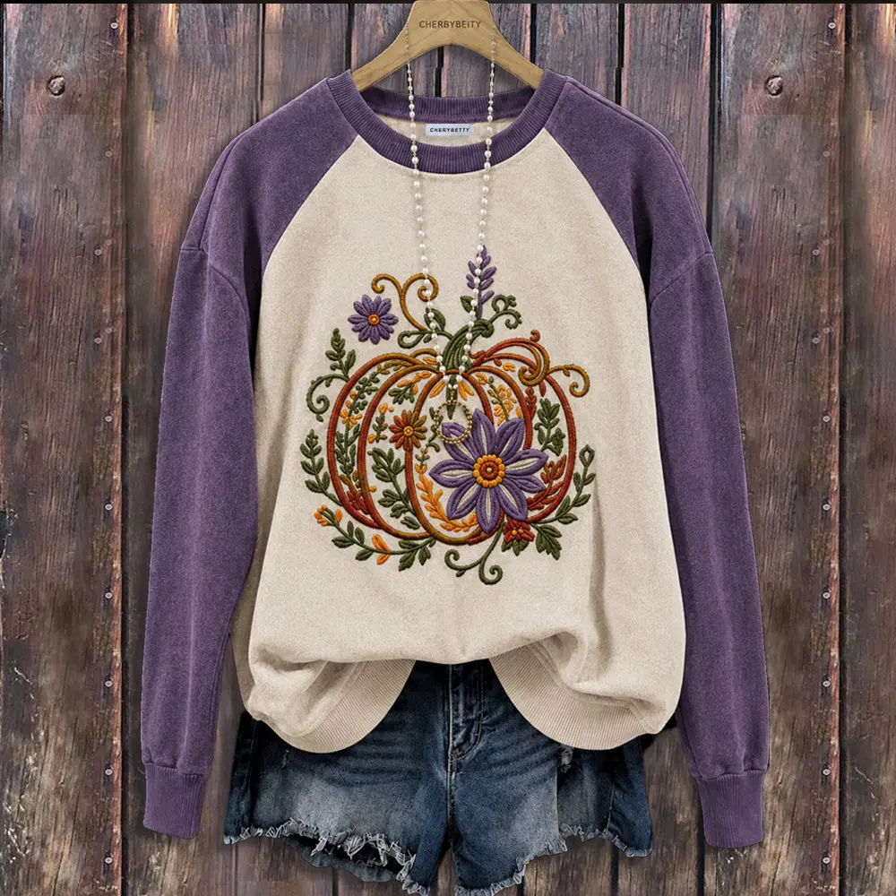 Cherrybetty Colorful Floral Pumpkin Embroidered Long Sleeve Halloween Sweatshirt  Pullover Womenswear Casual Tops Fall Fashion Outfit Inspo Comfort Cute Going Out Tops