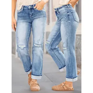 Women's high waisted straight leg jeans, fashionable stretch twill denim jeans, slim fit worn-out tight jeans, fashionable denim fabricRAIMENTRY