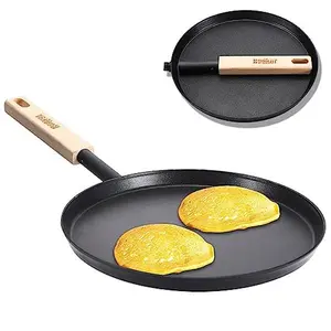 Frying Pan Skillet 8-inch Flat Griddle Pan, Lightweight Small Grill Pan with Wooden Handle for Camping Indoor Outdoor Cooking