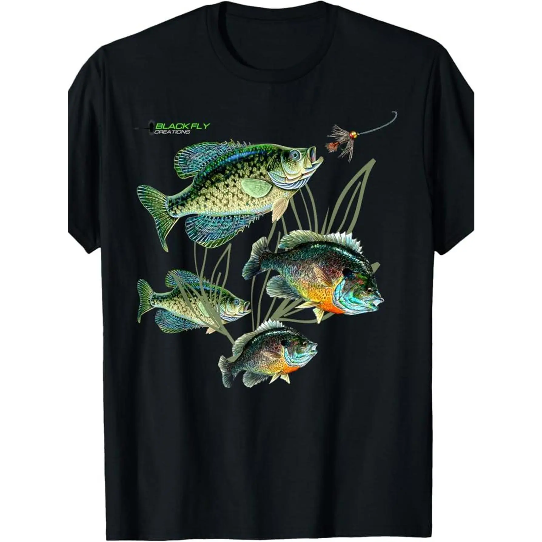 100% Made US Crappie Bluegill Fishing Shirts Hoodies Black Fly T-Shirt