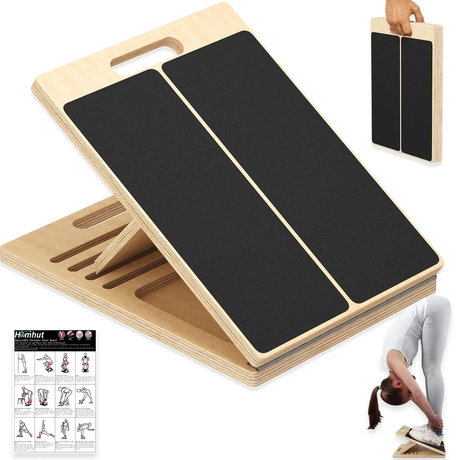 Homhut Adjustable Incline Board - Portable Wooden Slant Board for Calf-Ankle-Leg Stretch, Physical Therapy, Home Training, Indoor & Portable Fitness Exercise Equipment, Adjustable Incline Boards
