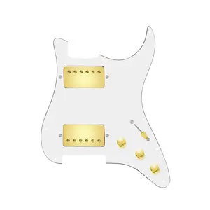 920D Custom Hipster Heaven HH Loaded Pickguard for Strat With Gold Roughneck Humbuckers, White Pickguard, and S3W-HH Wiring Harness