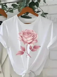 Unisex Oversized Pink Rose Print T-Shirt - 100% Short Sleeve Crew Neck Tee with Minimalist Floral Design, Loose-Fit Casual Round Neck Top for Women & Men