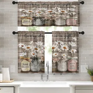 SoftHaven Home USA-Made Farmhouse Floral 3-Piece Polyester Kitchen Curtain Set, Vintage Daisy Print, Rustic Country Window Decor for Farmhouse Kitchen & Wooden Curtain Rod Matching