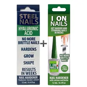 (Duo Pack) Steel Nails & I On Nails 12ml Each Hardener Set for Stronger Softer Nails with Calcium Keratin Hyaluronic Acid & Garlic for Nail Health Uñas de Acero Manicure