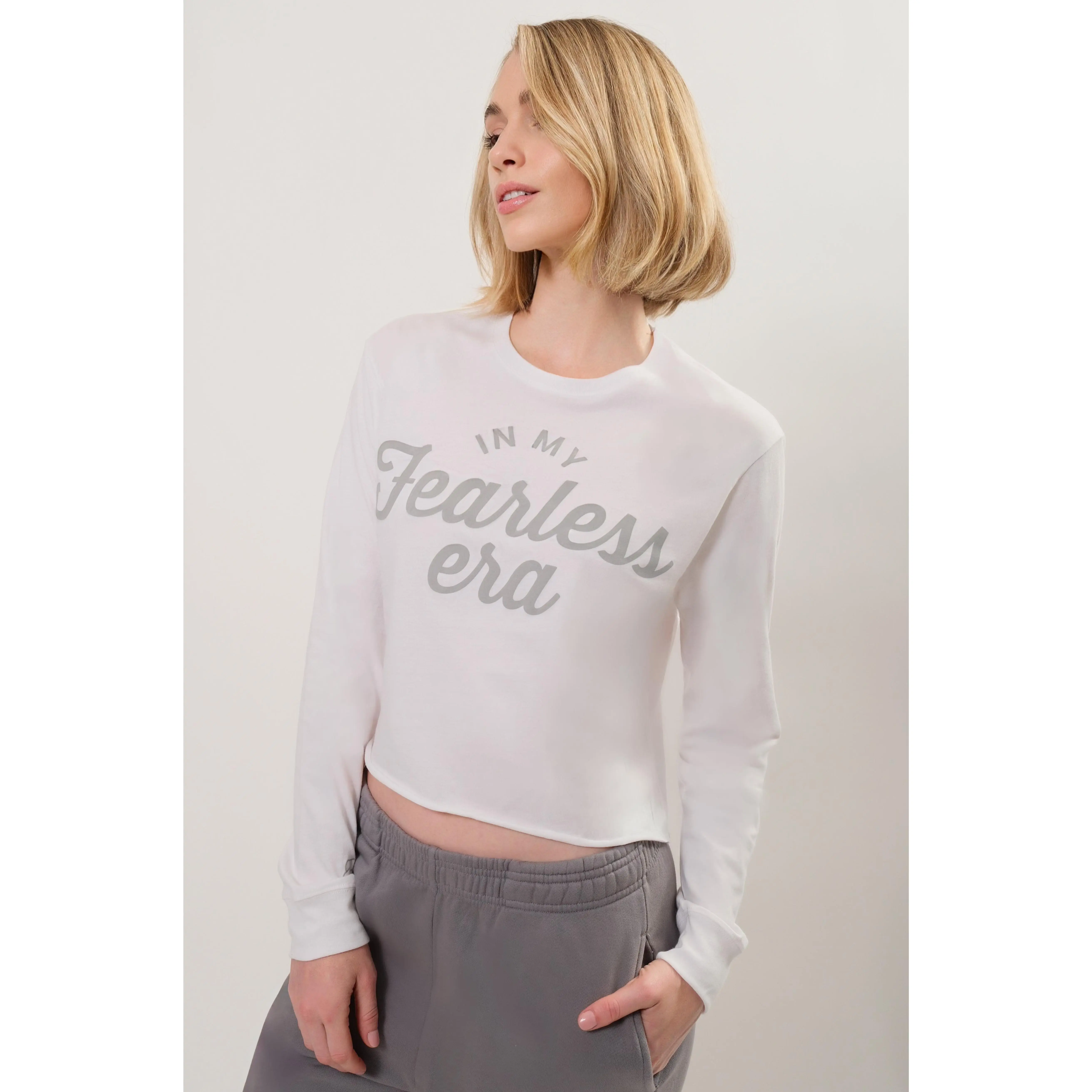 Birdiebee Fearless Era Long Sleeve Tee for Women Premium Ring-spun Combed Cotton Puff Print Slightly Cropped Waist Length Modern Fit Crew Neck Mantra Design