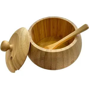 1pc Round Bamboo Seasoning Jar with Seasoning Spoon, Salt Box with Spoon, Seasoning Jar, Spice Storage Box with Lid, Creative Salt Cellar, Kitchen Supplies, Kitchen Gadgets, Restaurant Kitchen Small Tools, Household Kitchen Seasoning Jar