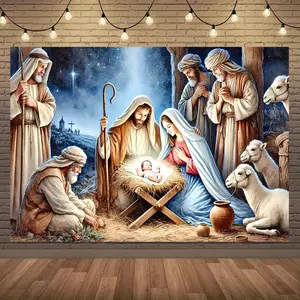 1pc Large Nativity Scene Banner - Durable Polyester Christmas Backdrop with Mary, Joseph, Youngsters Jesus, Shepherds & Animals, Indoor/Outdoor Church Decor, Wedding, Birthday, Graduation Party Photo Backdrop, Event Backdrop |   Traditional Nativity Scene