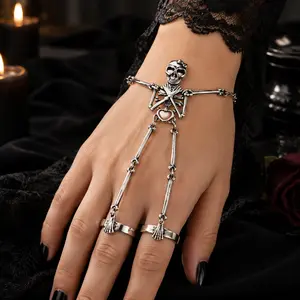 Women's Gothic Punk Hollow-Out Skeleton Hand Chain Ring - Adjustable Movable Skull & Bone Charms, Edgy Statement Funky Unique Accessories, for Halloween, Costume Parties, Intricate Design Hip-Hop Hand Back Chain Addition
