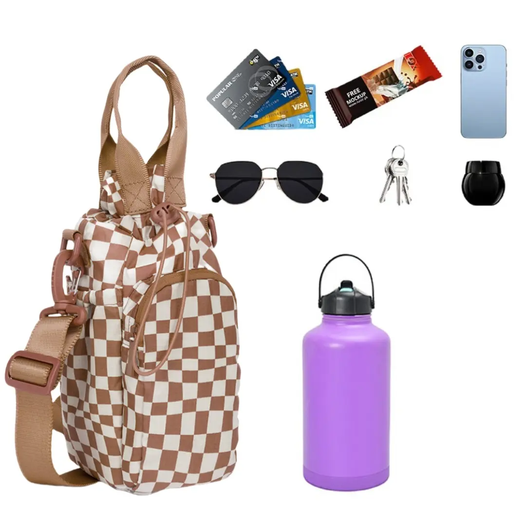 Large Water Bottle Bag for 32/40/42//64oz Water Bottle,Casual Drawstring Crossbody Water Cup Bag Cup Tumbler, Insulated Water Bottle Carrier Bag with Phone Pocket, Crossbody Sling Bottle Pouch for Walking Hiking Travel Camping