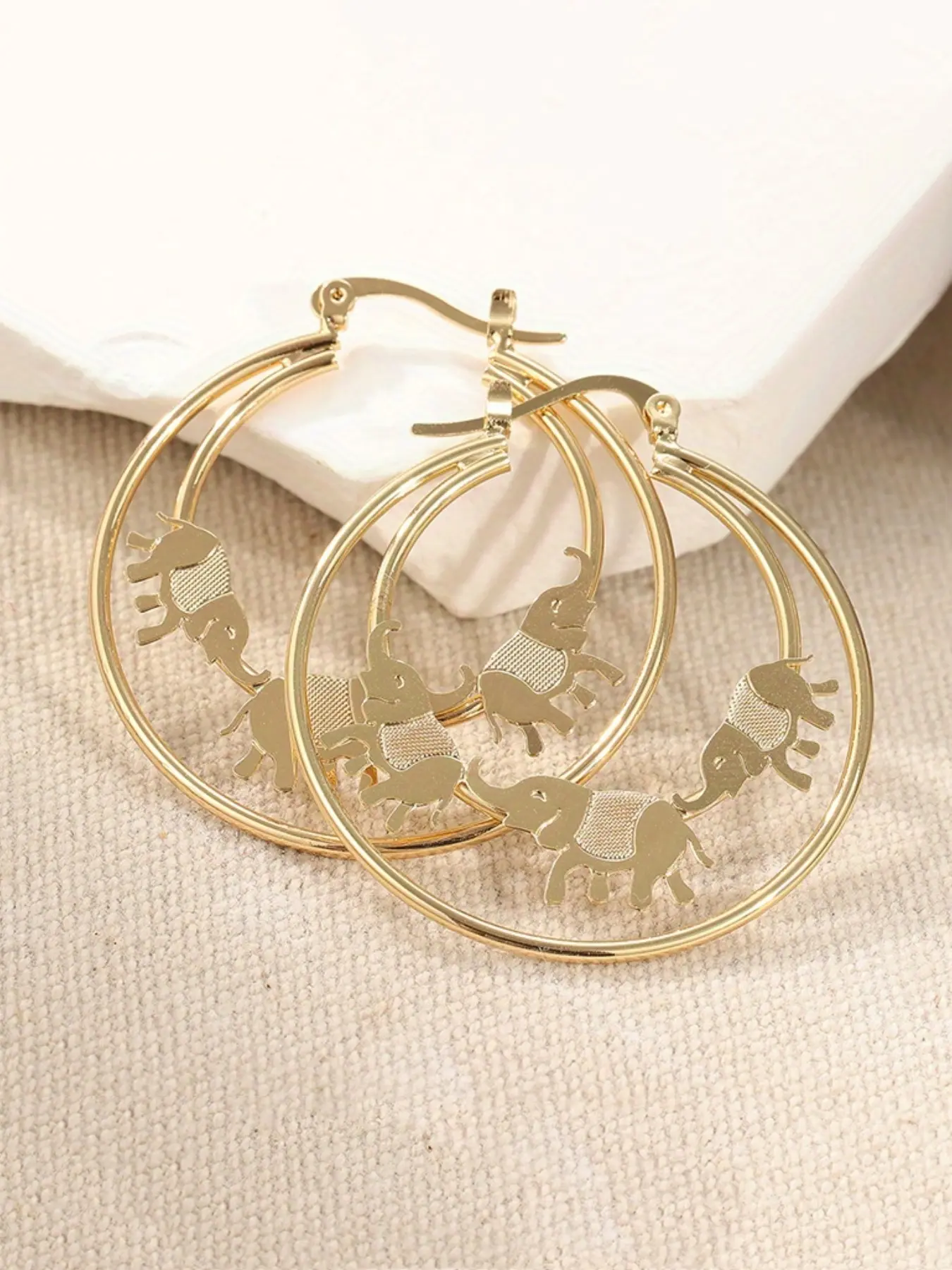 Vintage Copper Material Craftsman Hand Carved Elephant Earrings, Animal Earrings, Women's Hoop Earrings, Statement Hoops Earrings, Elegant Earrings