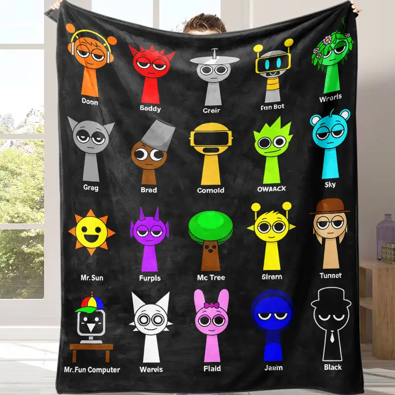 Sprunki Incredibox All Characters Grid Collection Fleece Throw Blanket - Black Background, Soft, Funny Prints, All-Seasons Flannel Cloth, Oversized Washable, Modern Look, Travel Ready, Sprunki Lovers Game Fan Gift, Office Use, Contemporary Look