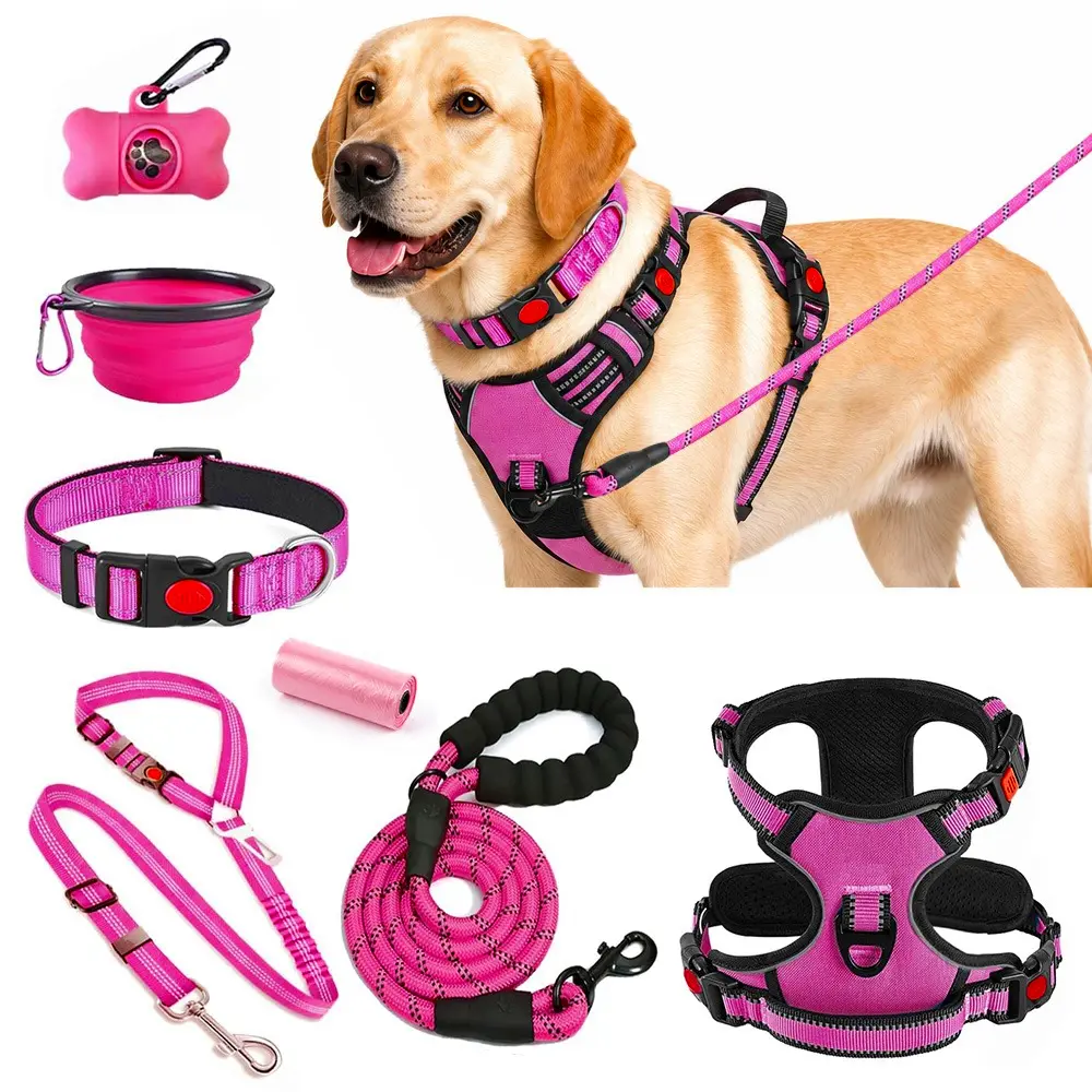 7 Pcs L Size Pet Outdoor Gear Set,  Includes Harness, Leash, Collar, Bowl, Trash Bag and Poop Bag Dispenser, For Small to Medium Dogs, All-in-One Kit for Daily Walks or Travel, Adjustable and Reflective for Safety