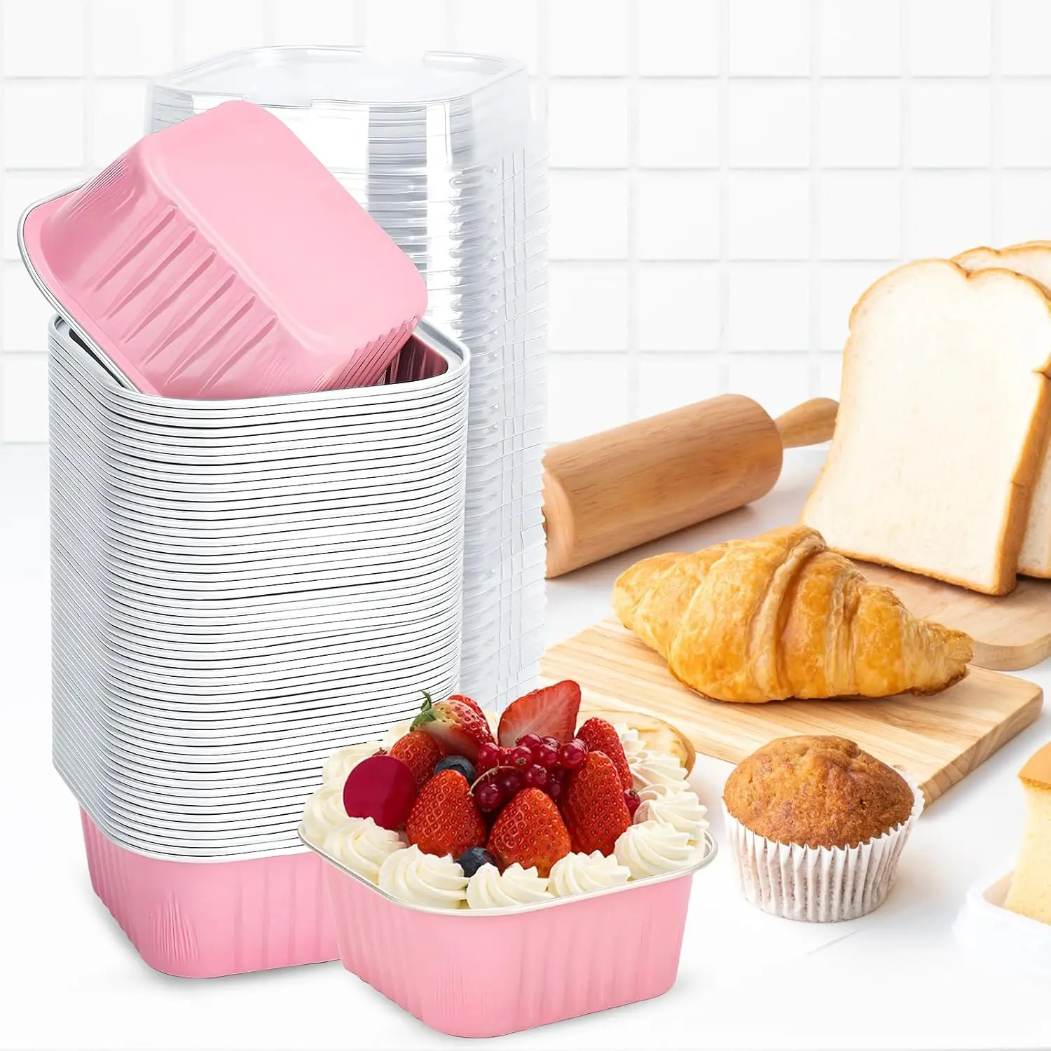 30Pack 5oz Pink Mini Cake Pans with Lids Baking Cups Aluminum Foil Pans Tins, Individual Dessert Cups Containers for Sales,Party,Picnics