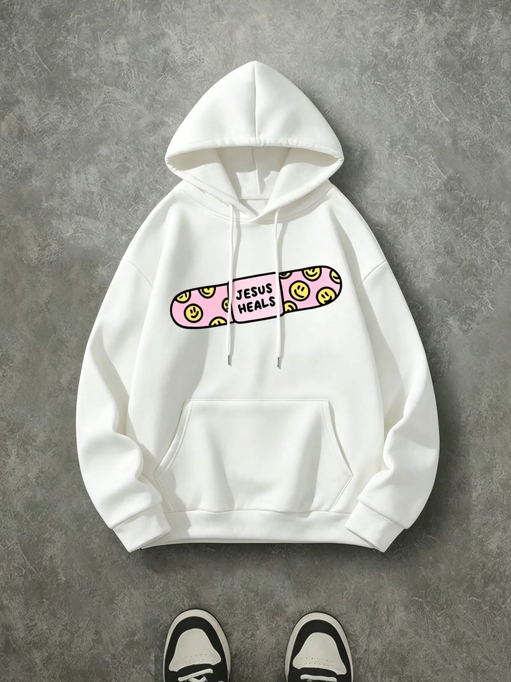 Thick 270 Gram Brushed Fleece Christian Hoodie, Pink Band Aid Smiley Jesus Heals Print Drawstring Sweatshirt, Oversized Cute Faith Pullover For Spring Fall Daily Outfit