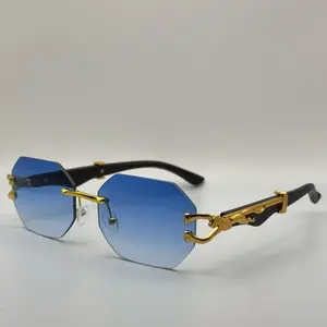 Luxury Rimless Hexagonal Blue Gradient Sunglasses with Gold Panther Detail - Trendy Designer Eyewear for Men and Women