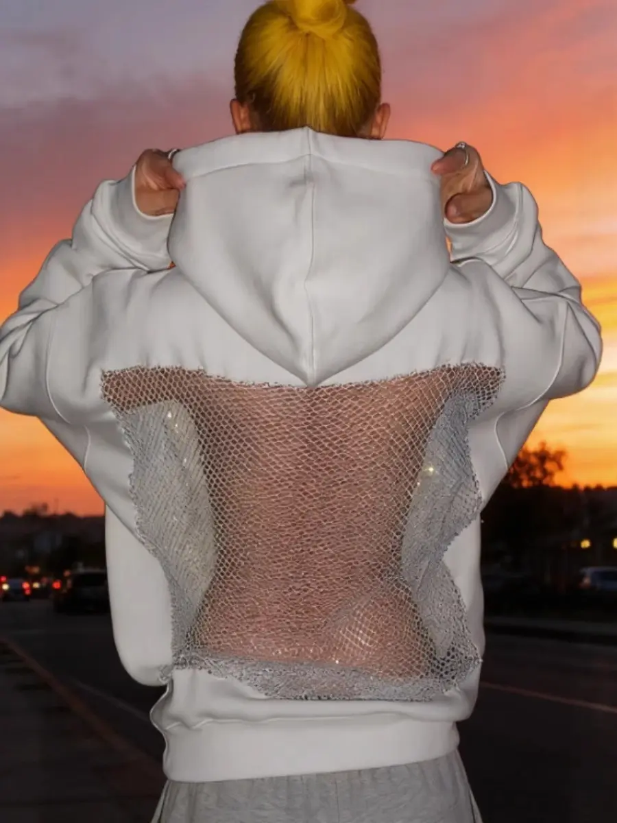 Women's Baggy Long-Sleeve Hoodie - Twist Detail, Cargo-Inspired, Breathable 1-Piece Edgy Streetwear with Open Back Mesh Cutout, Glitter Mesh Patchwork, Black & White Autumn Trend Backless Casual Pullover Top