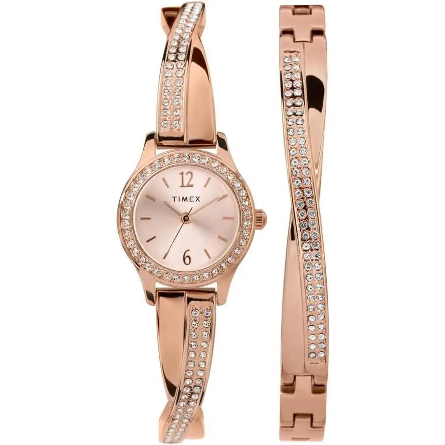 TIMEX Women's Trend Rose Gold-Tone Brass Watch and Bracelet Set with Crystal Bezel, Analog Face, Mineral Glass, 23mm Case, TW2T57900, Brass Strap, Female Wear, Fashion, Ladies, Quartz Drive, Pull / Push Crown, 30M - 50M, Round