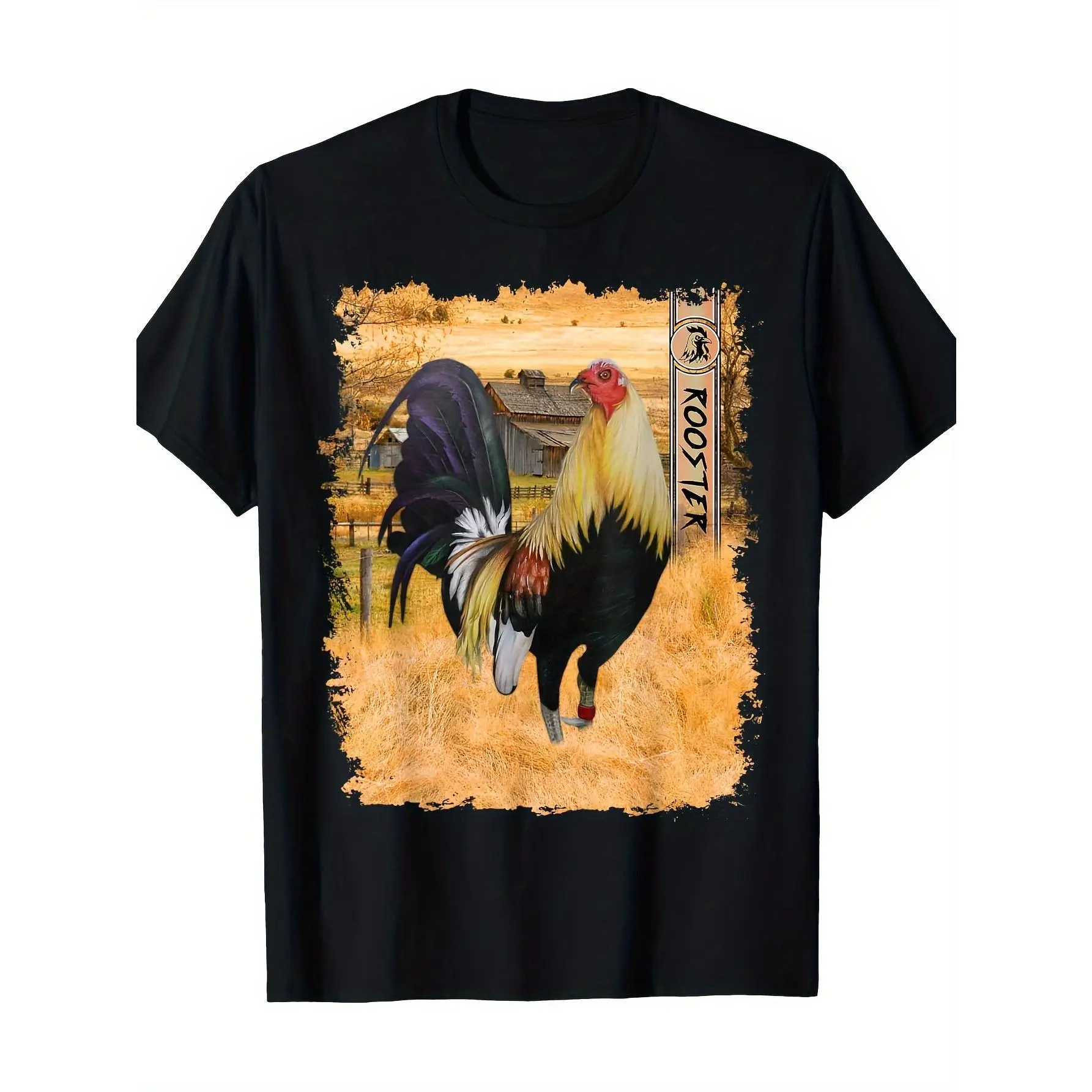Men's Retro Rooster Vibe Graphic T-Shirt - Black Shortsleeve Menswear Crew Neck Top, Casual Summer Artistic Soy Sauce Splash Design, Comfortable for Outdoor Activities Streetwear Sports Tops, Graphic T Shirts, T Shirt-Black-180G