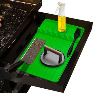 Silicone Griddle Tools Mat (1 Count), Non-Slip Spatula Mat with Drip Pad, Side Shelf Grill Mat for Blackstone Griddle Accessories for Kitchen, BBQ, Countertop & Travel – No Cooking Utensils (green) Included#dealsforyoudays