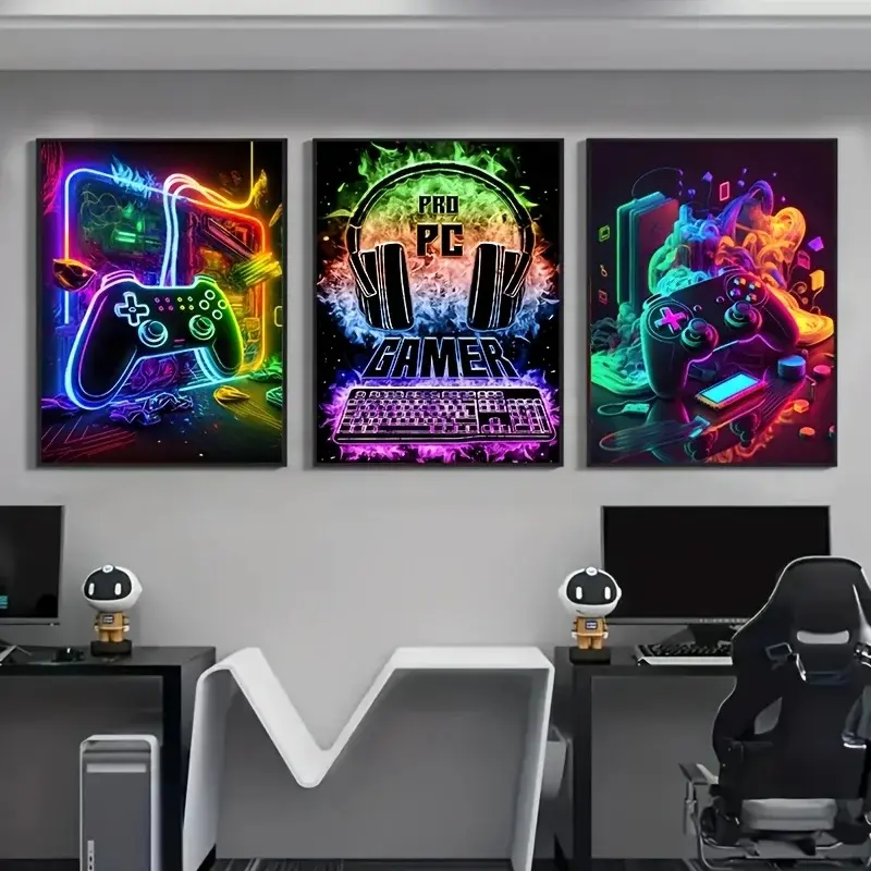 3PCS/set Unframed Canvas Paintings Gaming Room Gamepad Punk Style Posters Prints Wall Art Pictures Gamer Gift for Boys Children Room Aesthetic Wall Decor, Art Wall Decoration Items