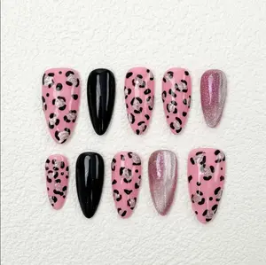 Trendy Leopard Press On Nails Handmade Pink and Black Nails Art Gif For Wedding Vacation Holiday